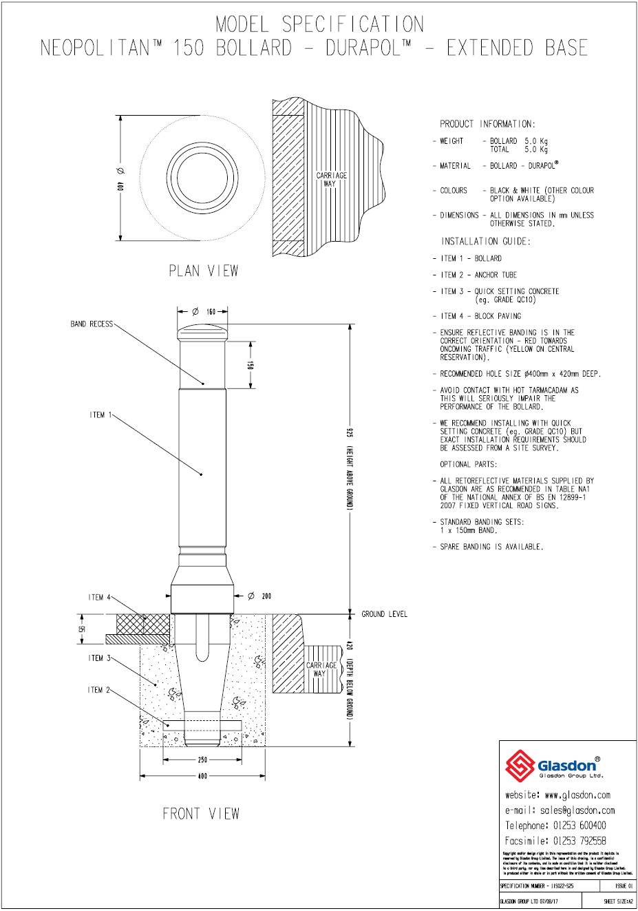 Neopolitan 150 Bollard - Durapol Model - Extended Base (PDF)
